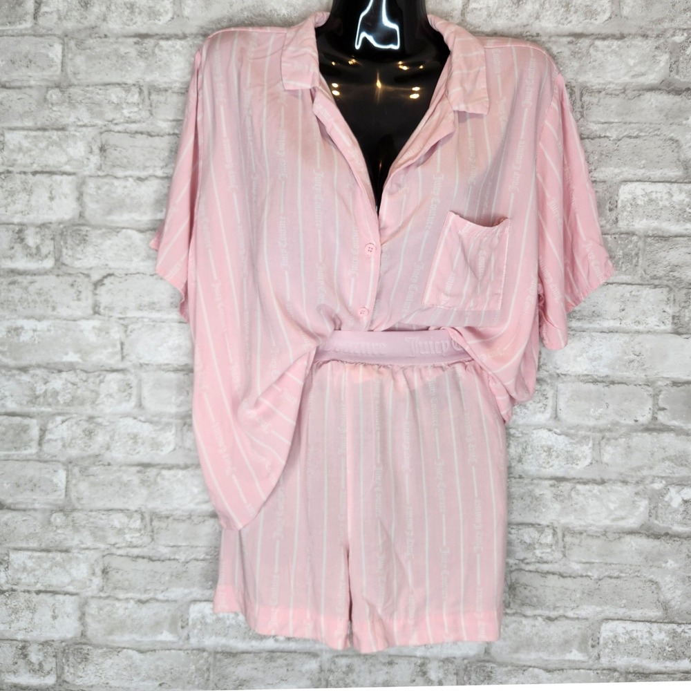 Juicy Couture Pajama Set Pink White Striped Logo Waistband Sleepwear XL‎